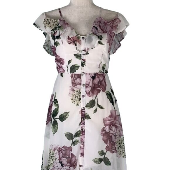 Trac Dresses & Skirts - Trac Floral Off the Shoulder Maxi Dress S White Floral Zip Lined Adjustable
